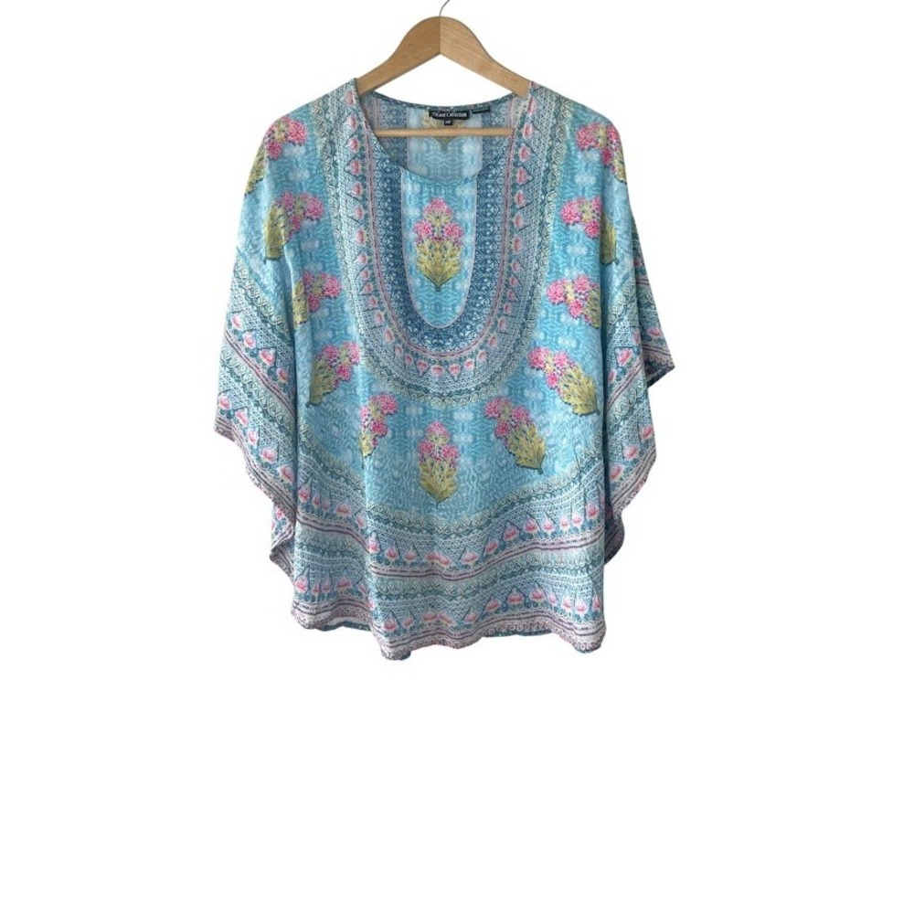 Tolani Collection Blue Floral Paisley 100% Modal Poncho Kaftan Top MP Boho